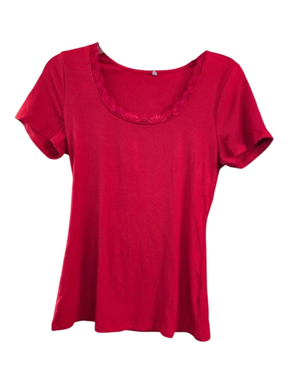 GKBK Women’s Red Fitted Ribbed Scoop Neck Short Sleeve Tee with Lace Trim - Sz M - Picture 1 of 6